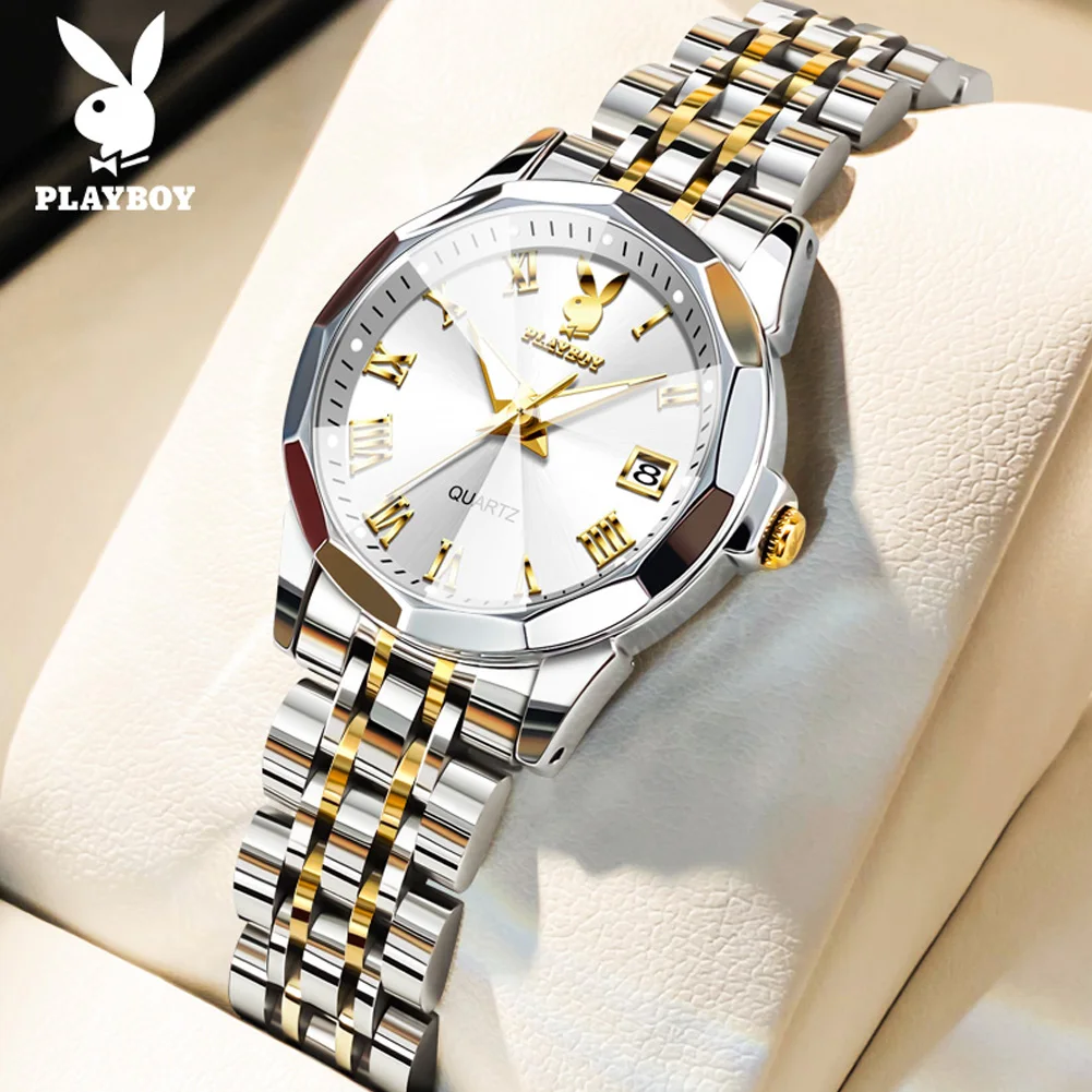 

PLAYBOY 3502 модные оригинальные часы с кварцевым механизмом для женщин, зеркало с алмазным покрытием, светящийся стальной браслет, водонепроницаемые часы 30 м