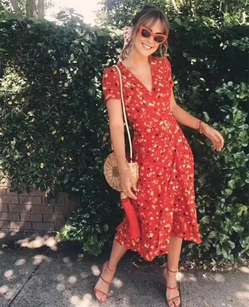 Women Summer Cherry Floral Print Maxi Beach Dress Female Fashion Boho Vintage V Neck Sexy Retro Party Dress New Red Wrap Dress