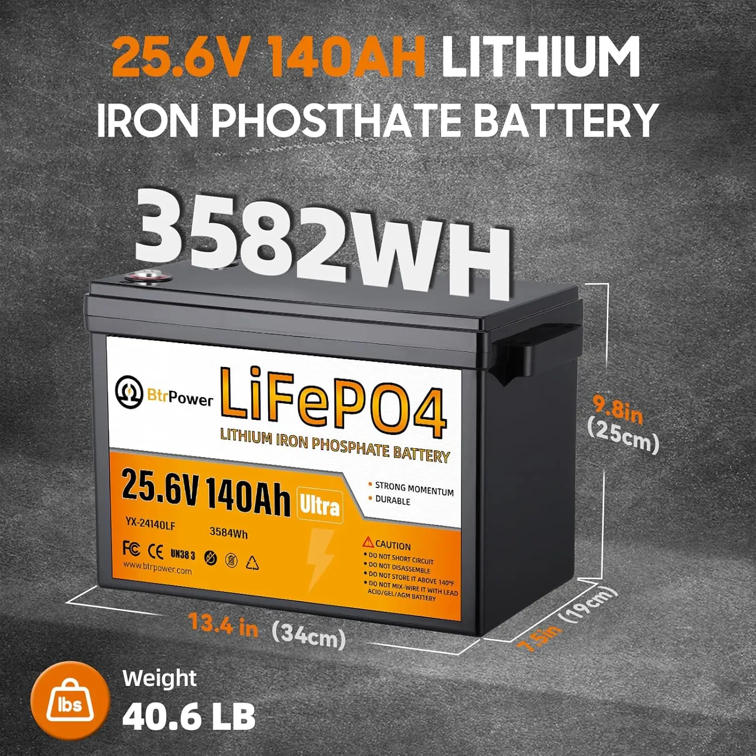 Compact 24V 140Ah Lithium Li FePO4 B attery,Built-in 100A BMS | 2560W Power Output,Up to 15000 Cycles,Perfect for, Custom