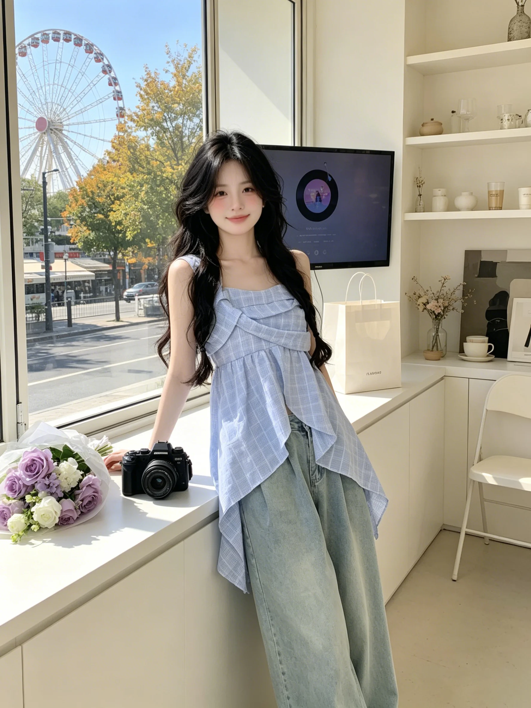 Sweet Blue Plaid Strap Vest Women Summer Irregular Loose Slimming Sleeveless Top Breathable Thin Cotton Polyester Blend