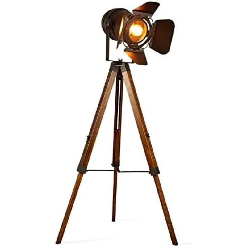 Vintage Tripod Floor Lamp, Height Adjustable Wooden Camera Tripod Rotatable Spotlight Tall Floor Lamp, (Black)