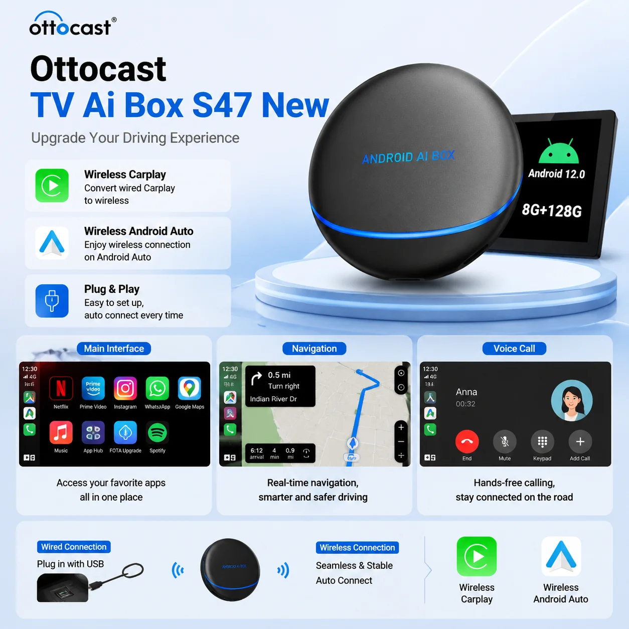 Ottocast S47 Kabelloses Carplay TV AI-Box Kabelloses Carplay Android Auto 4G+64GB Android 12.0 Multimedia für Netflix Youtube Unterstützung für HDMI Schneller Versand