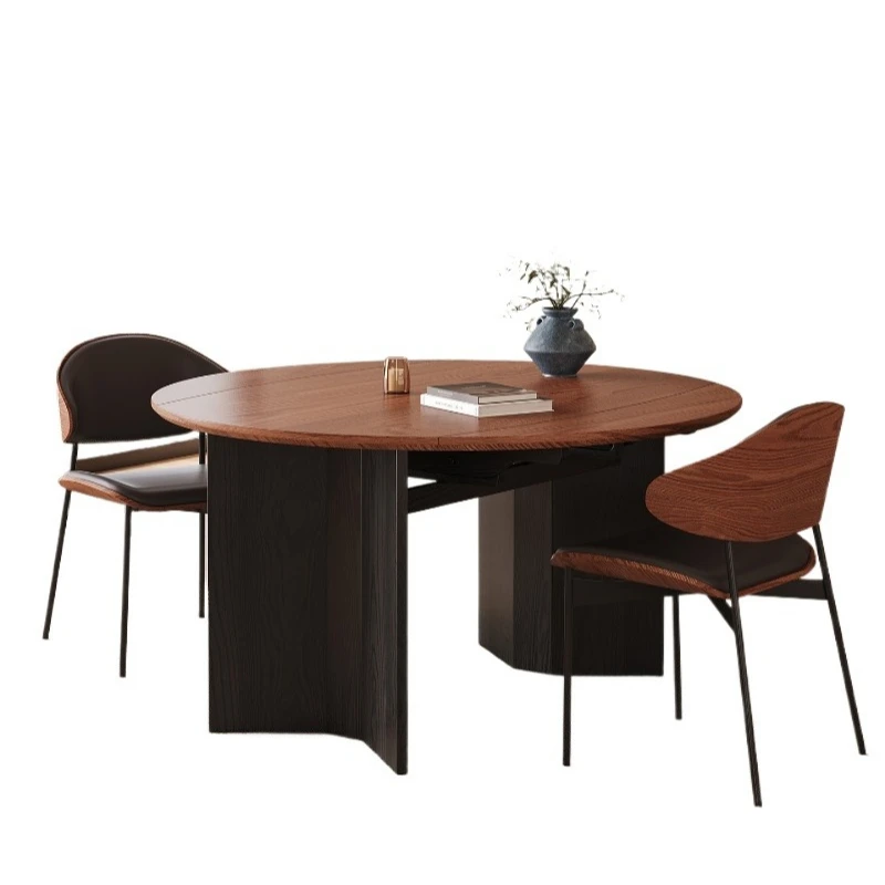 

Solid wood folding dining table retractable variable round table round 2025 new black high-end family small apartment medium