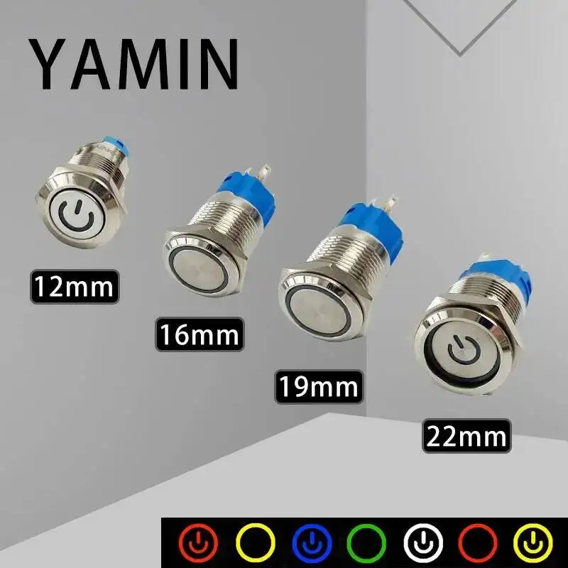 5 szt. Metalowy Przycisk Włącznik Wodoodporny IP65 Płaski Okrągły z Podświetleniem LED Samozatrzaskujący Reset 6V 12V 24V 220V, rozmiary 12/16/19/22mm