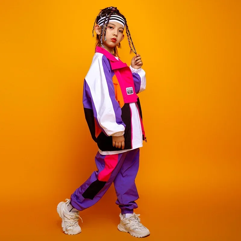 Hip Hop Clothes For Children Girls Boys Running Color Zipper Jacket Coat Loose Jogger Pants Jazz Dance Costume Drum Performance