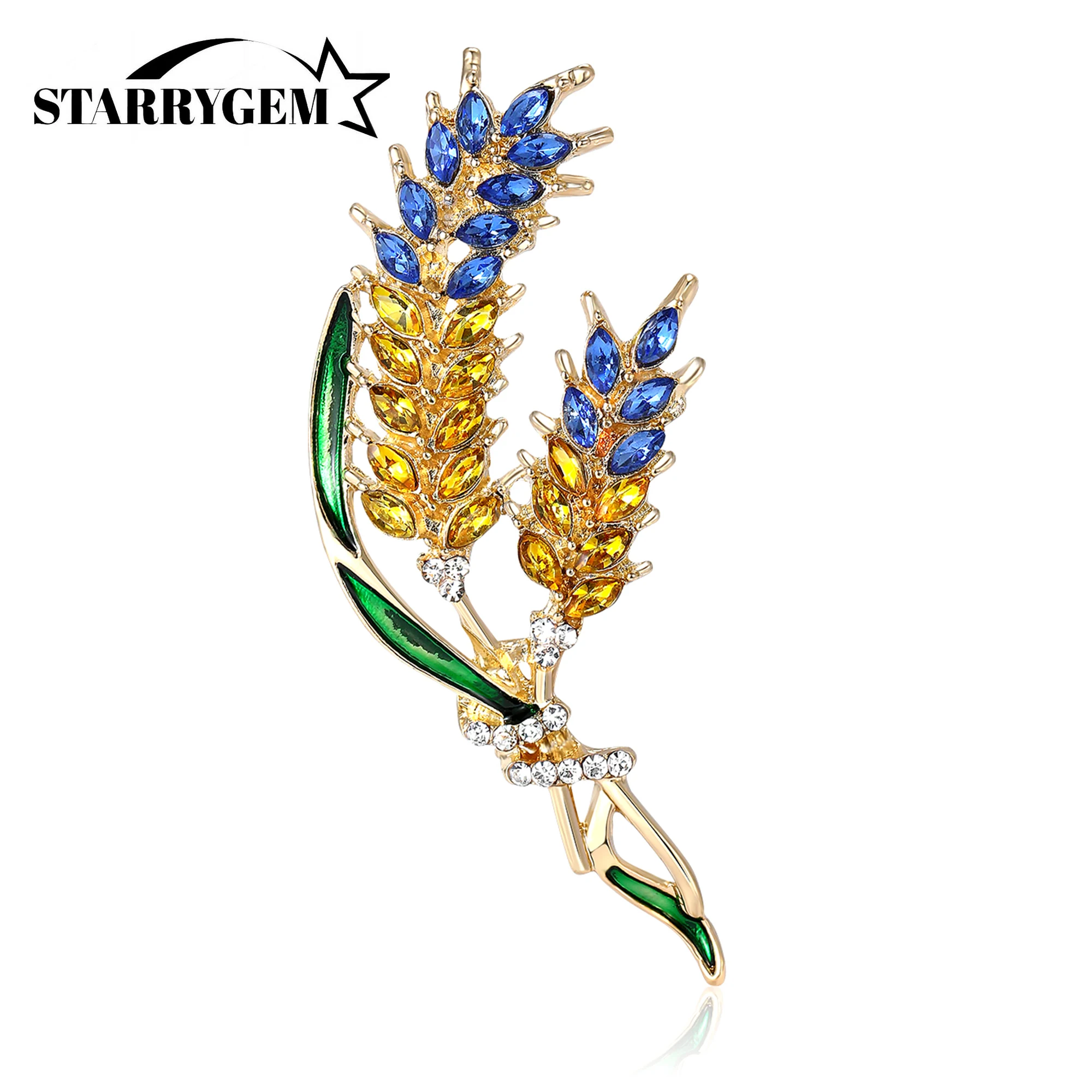 Rhinestone Double Headed Wheat Ear Brooches for Women Enamel Ukrainian Plant Pins Office Party Friend Gifts Jewelry Accessories