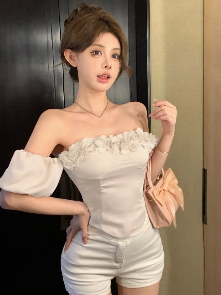 

Short Shoulder One-Shoulder Bubble Sleeve Ruffle Trim Top Women Summer Sweet Spicy Girl Fishbone Shirt Korean Style Thin Mate...