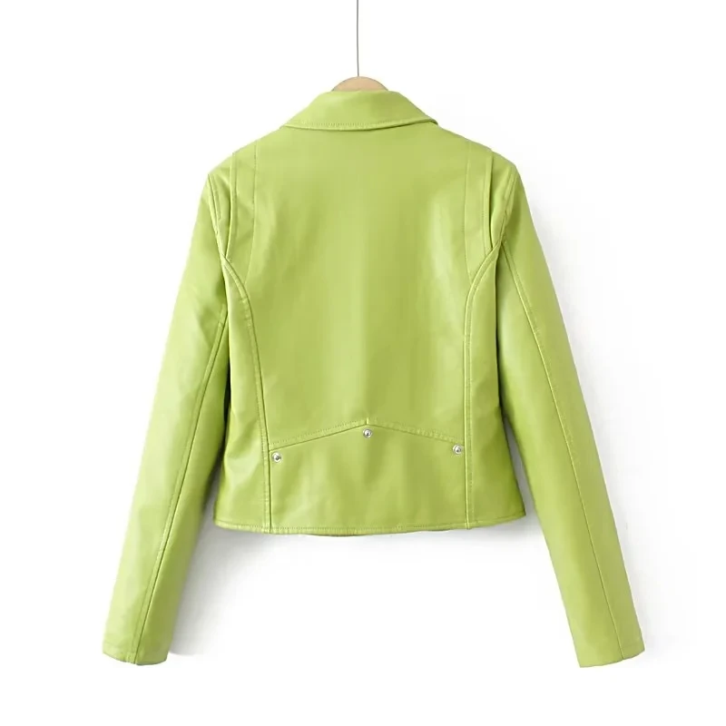 KEANKETIAN 2024 nueva chaqueta de piel sintética verde claro para mujer abrigo corto Otoño/Invierno cremallera asimétrica prendas de vestir exteriores de PU Top corto