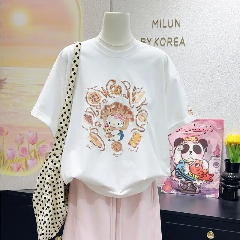 

Hello Kitty Summer New Women's Short-Sleeved Pure Cotton Heavy Industry T-Shirt Loose Age-Reducing Comfortable Tops Fashion Ins