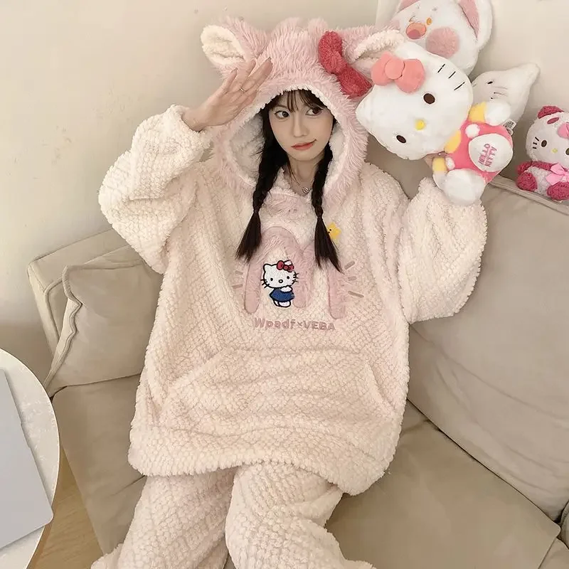 Sanrio Hello Kitty Plush Women Pajamas Autumn Winter Warm Long Sleeve Hooded Cardigan Suit Loose Casual Homewear Two-piece Set