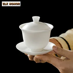 140ml Burnt Mutton Fat Jade White Porcelain Gaiwan Japanese Tea Tureen Tea Maker Cover Bowl Tea Ceremony Supplies Collection