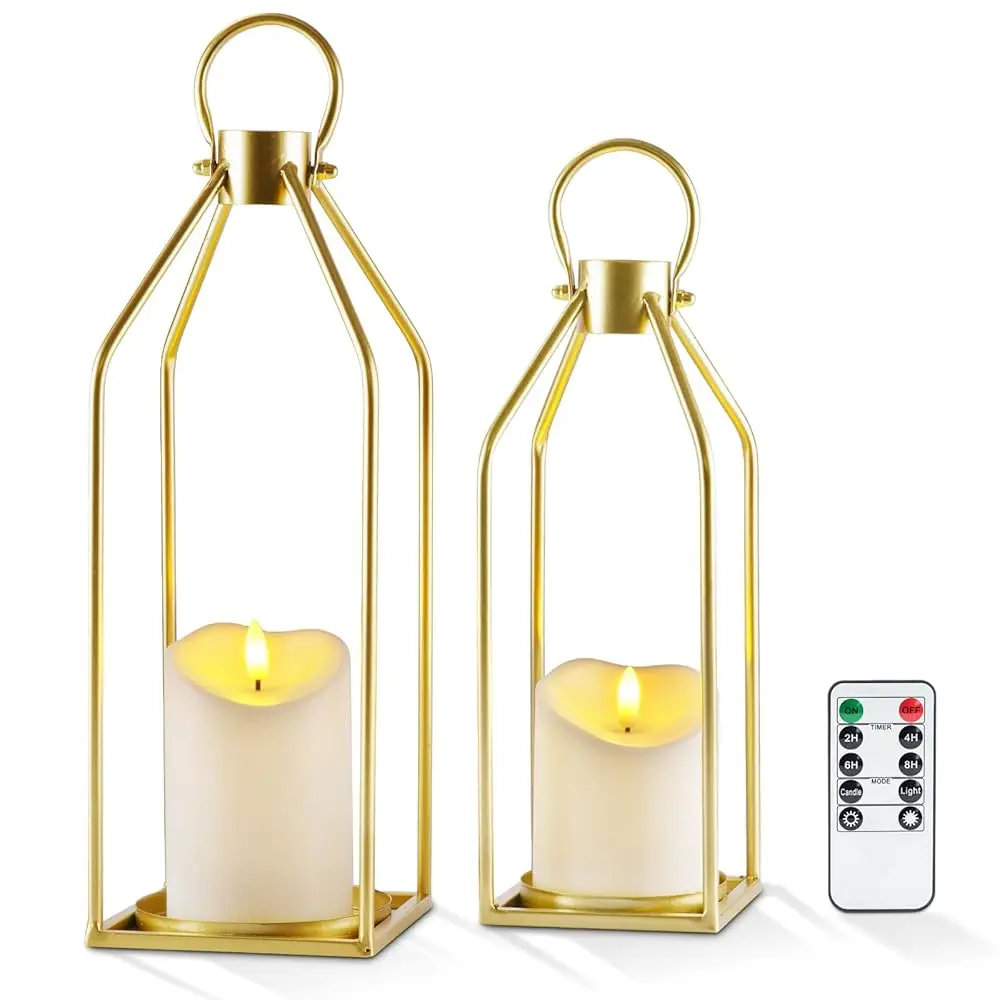 

Modern Farmhouse Lantern Decor With Waterproof Flamel Candle & Remote Timer, 2Pcs Gold Metal Candle Lantern Decorative For