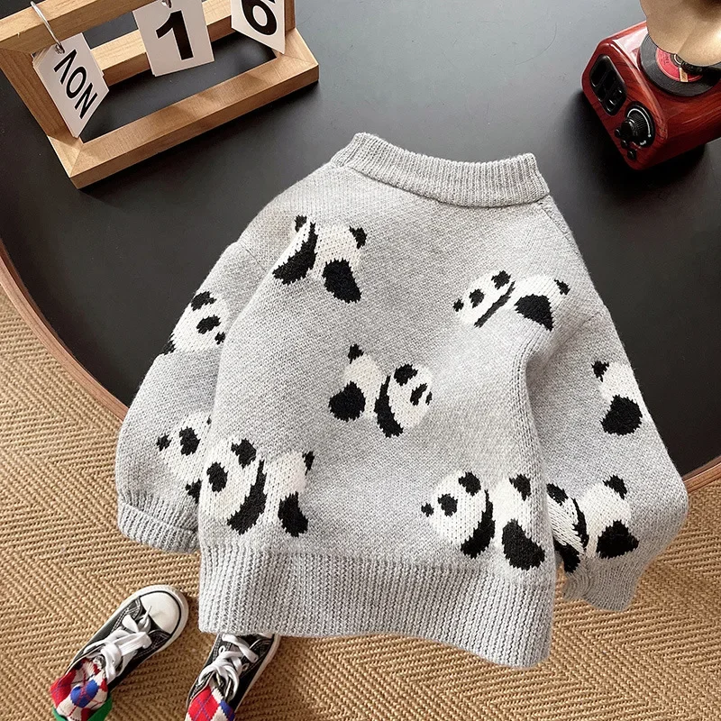 Autumn Winter Children's Pure Cotton Sweater Boys Girls Baby Cartoon Academy Style Warm Knitwear Kids Panda Clothes 1 2 3 4 5 Y