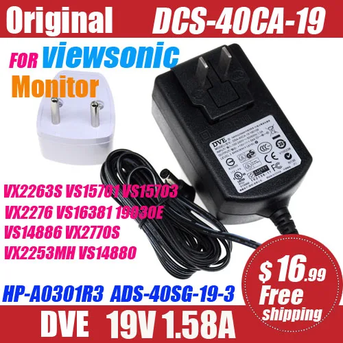 

Original DVE 19V 1.58A FOR viewsonic LCD monitor AC adapter Power supply 19030E VS14886 VX2770S VX2253MH VS14880 ADS-40SG-19-3