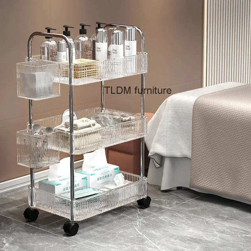 

Nordic Acrylic Salon Trolleys Beauty Salon Special Tool Trolley Storage Rack Home Auxiliary Trolley with Wheels Salon Furniture