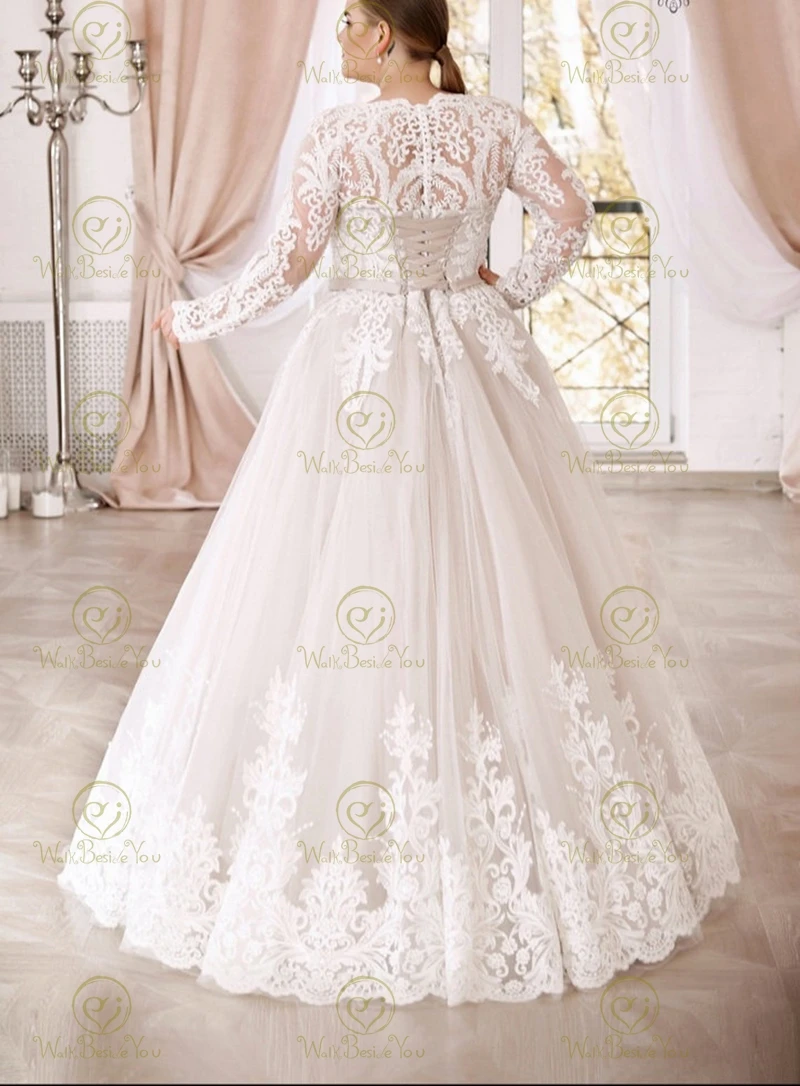 Marfim-champanhe vestidos de casamento plus size 2022 mangas completas longo até o chão renda applique tule vestido de noiva elegante vestido de baile