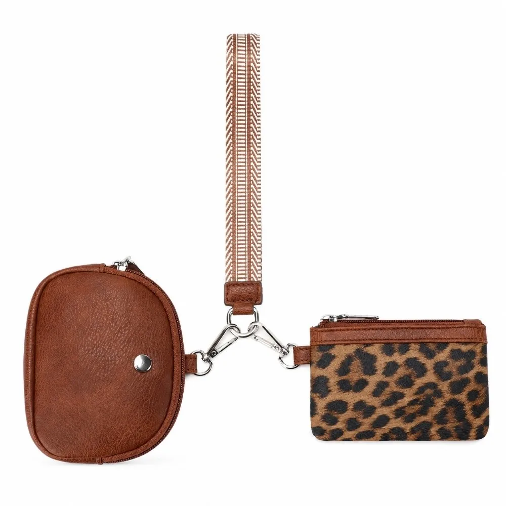 PU Leather Mini Wristlet Wallet Zipper Portable Keychain Short Wallet Double Pocket Card Bag Short Fold Over Purse Daily Use