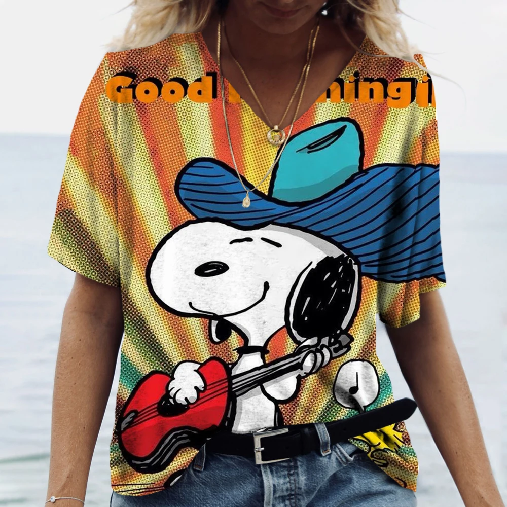 Vintage Women\'s T Shirt Snoopy cartoon print Tops Ladies Clothing V-neck Harajuku Pullover Summer Oversized Short Sleeve Tees