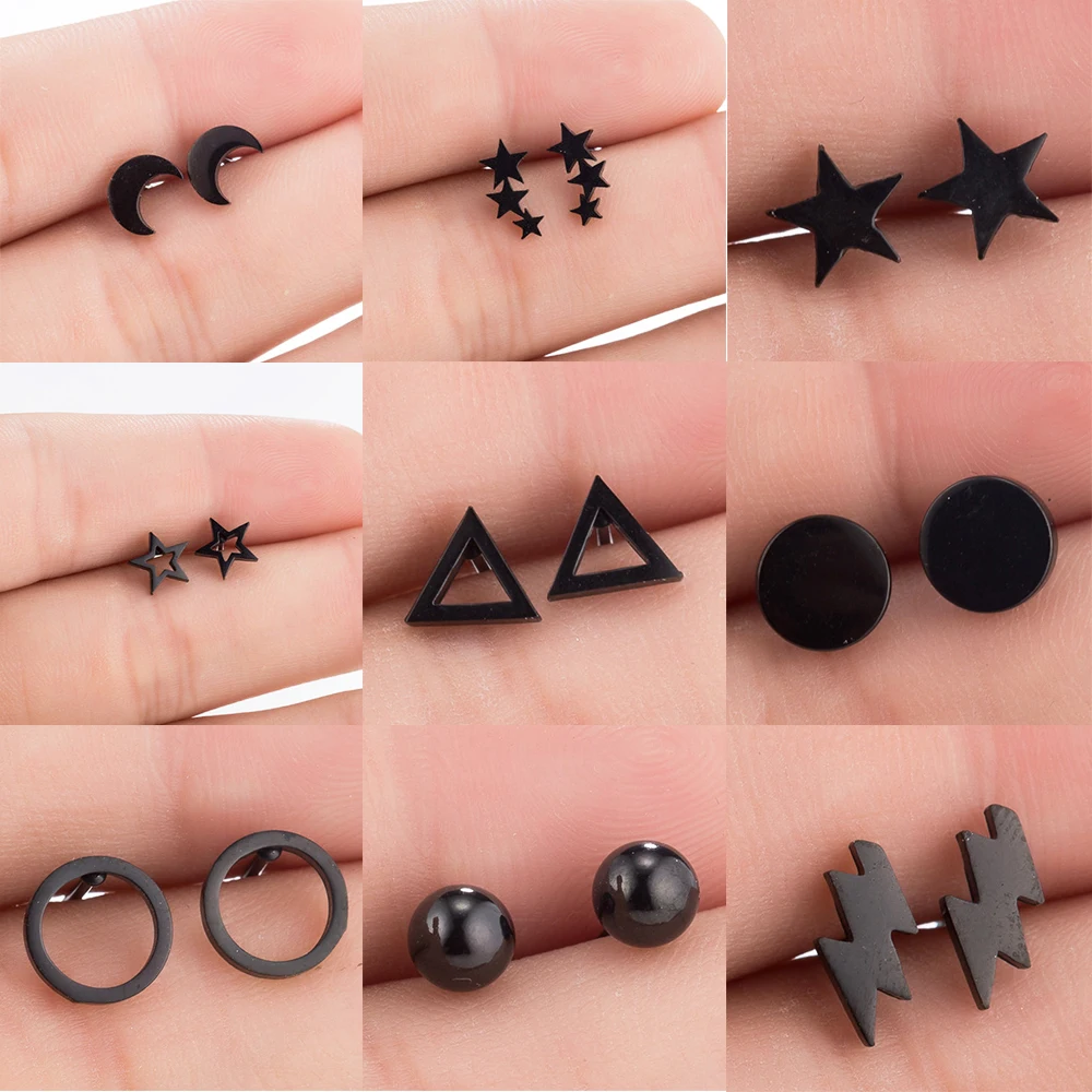 Simple Star Moon Geometric Black Stud Earrings For Women Tragus Piercing Stainless Girl Gifts Earring Jewelry Pendientes Mujer