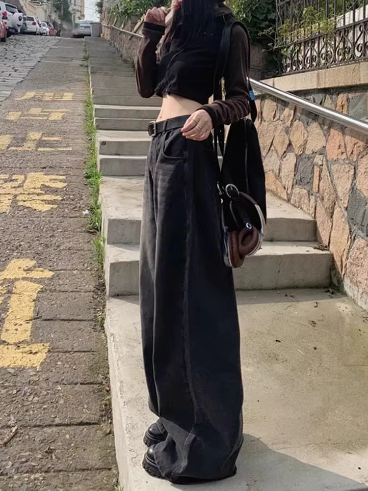 بنطلون جينز نسائي من American Sle مقاس كبير مبطن بأرجل واسعة من قماش الدنيم للخريف والشتاء بخصر عالٍ وفضفاض بطول الأرض #4