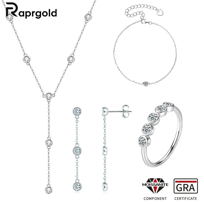 RAPRGOLD Moissanite Necklace Earrings Bracelet Ring Fine Jewelry Set for Women S925 Sterling Silver Round Pendant Chains Gifts