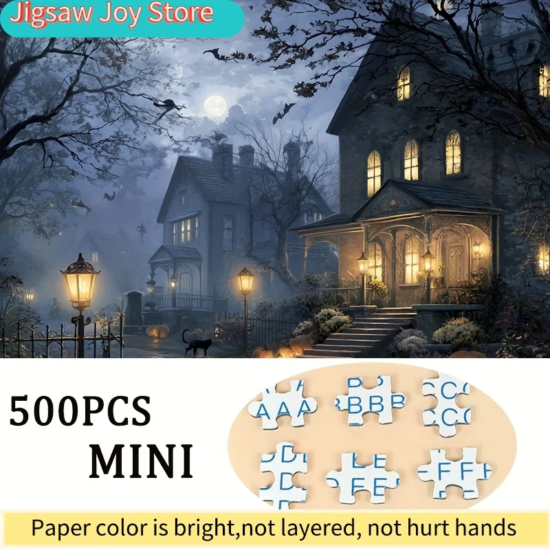 Un puzzle conçu pour les adultes, mettant en scène une maison chaleureuse sous un ciel nocturne azuré, parfait pour les jeux de société et les activités. T