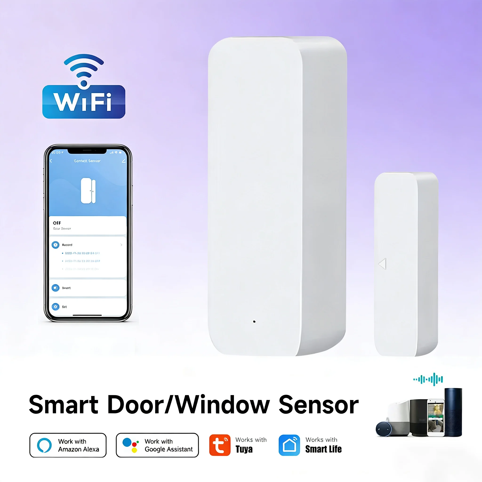 Tuya WiFi Door Window Sensor, Smart Life APP Control, Security Burglar Alarm, Magnetic Contact Sensor, Works with Alexa Google