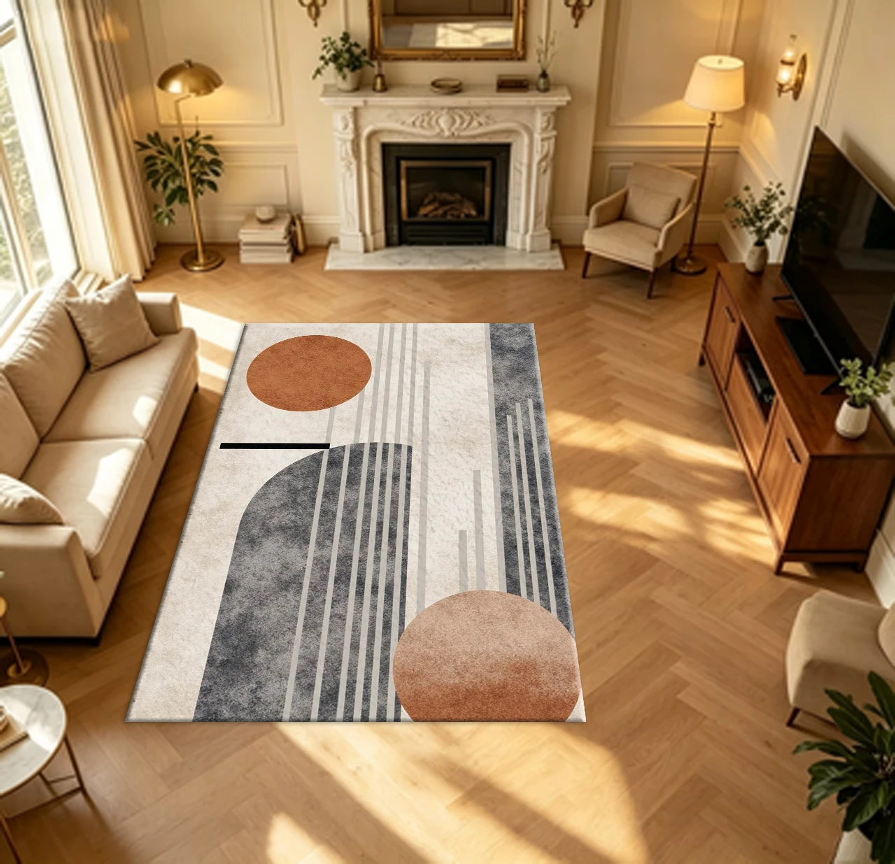 Boho Mid Century Abstract Geometric Circle Line Art Carpet Flooring Retro Terracotta Tone Household Indoor Decor Area Rug