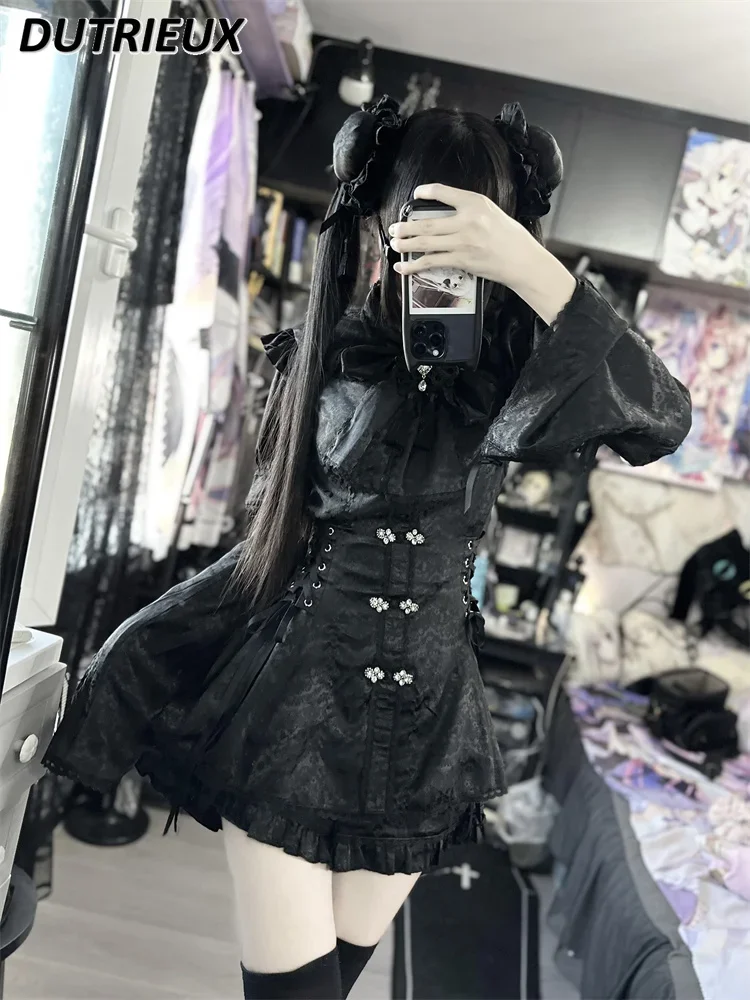 Mine System Mass-Produced Lace-up Short Sleeve Robe Chinese Style Dress and Base Shorts 2 Piece Sets Sweet Womens Outfits