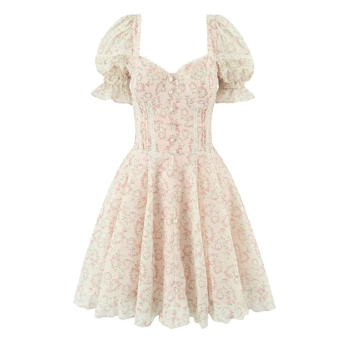 

BM&MD&ZA Women's Elegant Sweet Heart - shaped Neck Short - sleeve Puff - sleeve Mini Printed Dress with Back Bow
