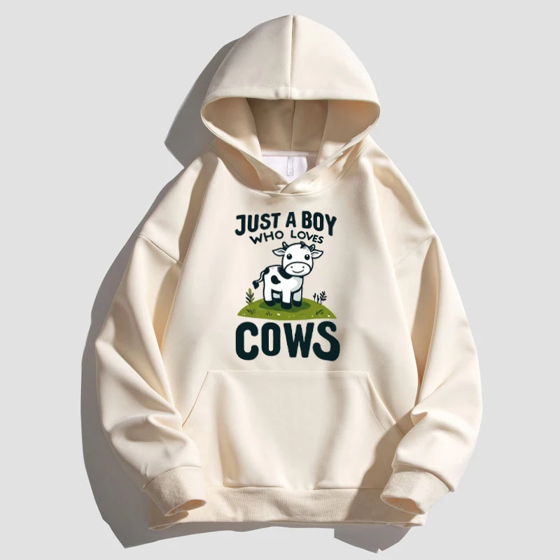 Boy Outfits Hoodies JUST A BOY WHO LOVES COWS Winter Athletic Hip Hop Streetwear for Toddlers Kids Teens Girls Cotton 2024 New