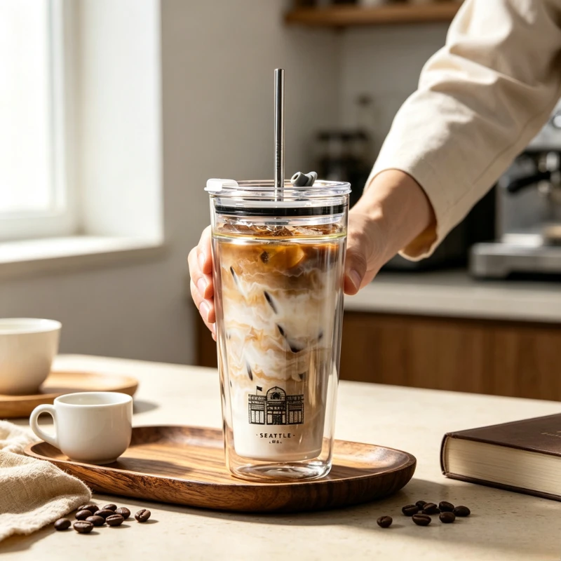 420ml Double Wall Glass Tumbler with Straw Lid Large Capacity Insulated Coffee Water Cup for Office Library Desk Daily 유리 텀블러