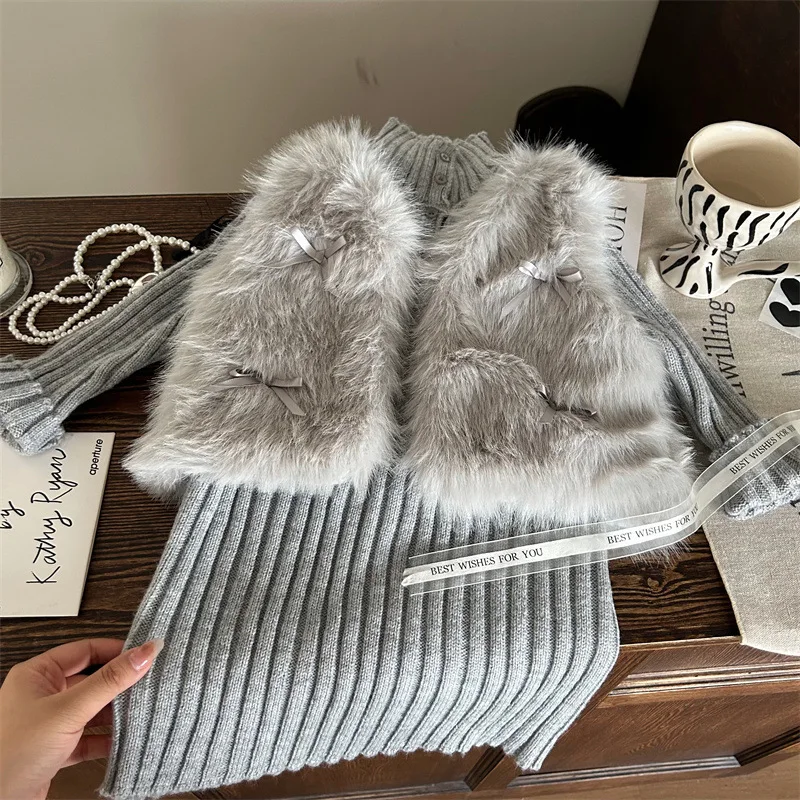 

Girls Suit 2024 Winter New Childrens Wear Korean Style Baby Girl Imitation Fur Vest Medium Long Wool Dress Two-piece Set