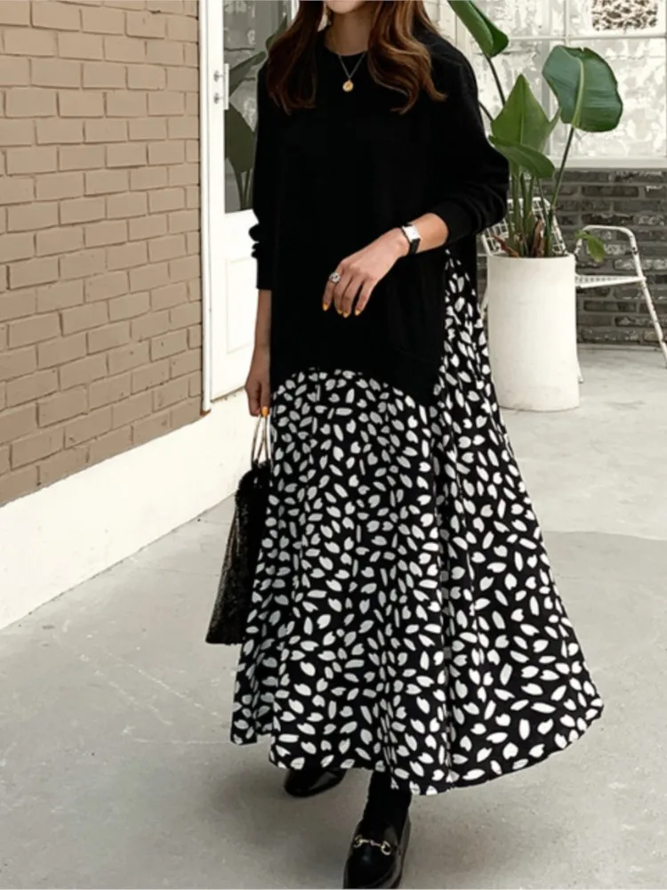 ربيع الخريف جديد فضفاض فساتين حريمي المرقعة كم طويل تي شيرت طباعة رداء وهمية قطعتين فستان طويل السيدات Vestidos