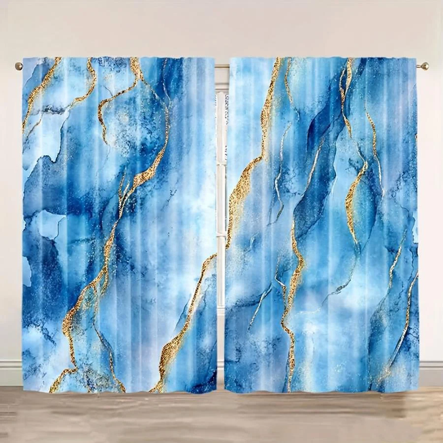 2PCS Digital Printed Curtains, Blue Gold Flow Design, Modern Minimalist Style for Living Room Bedroom Kitchen Home Decor