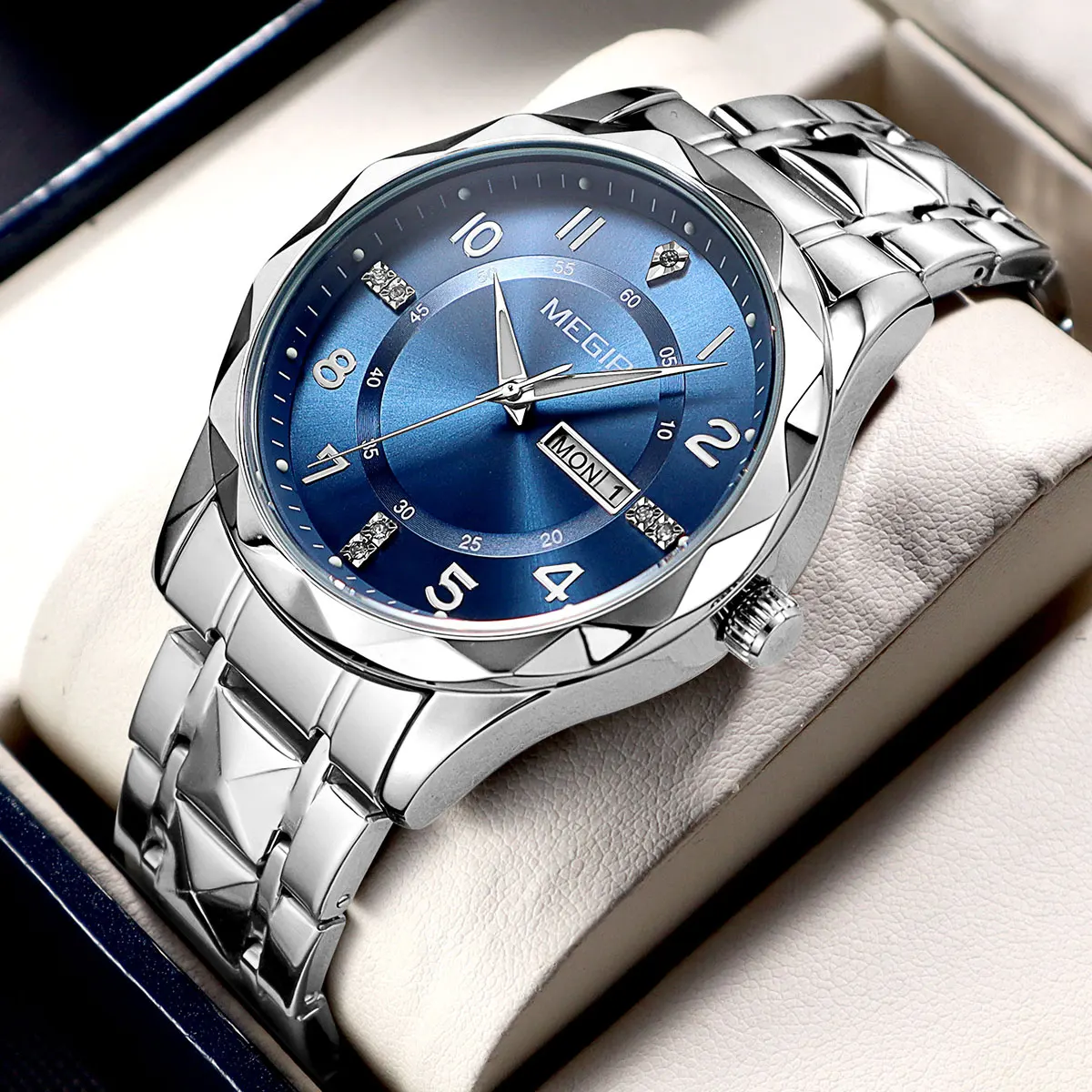 MEGIR Elegant Simple Style Men Quartz Watch with Date Day Display Fashion Stainless Steel Strap Alloy Case Ladies Wristwatch