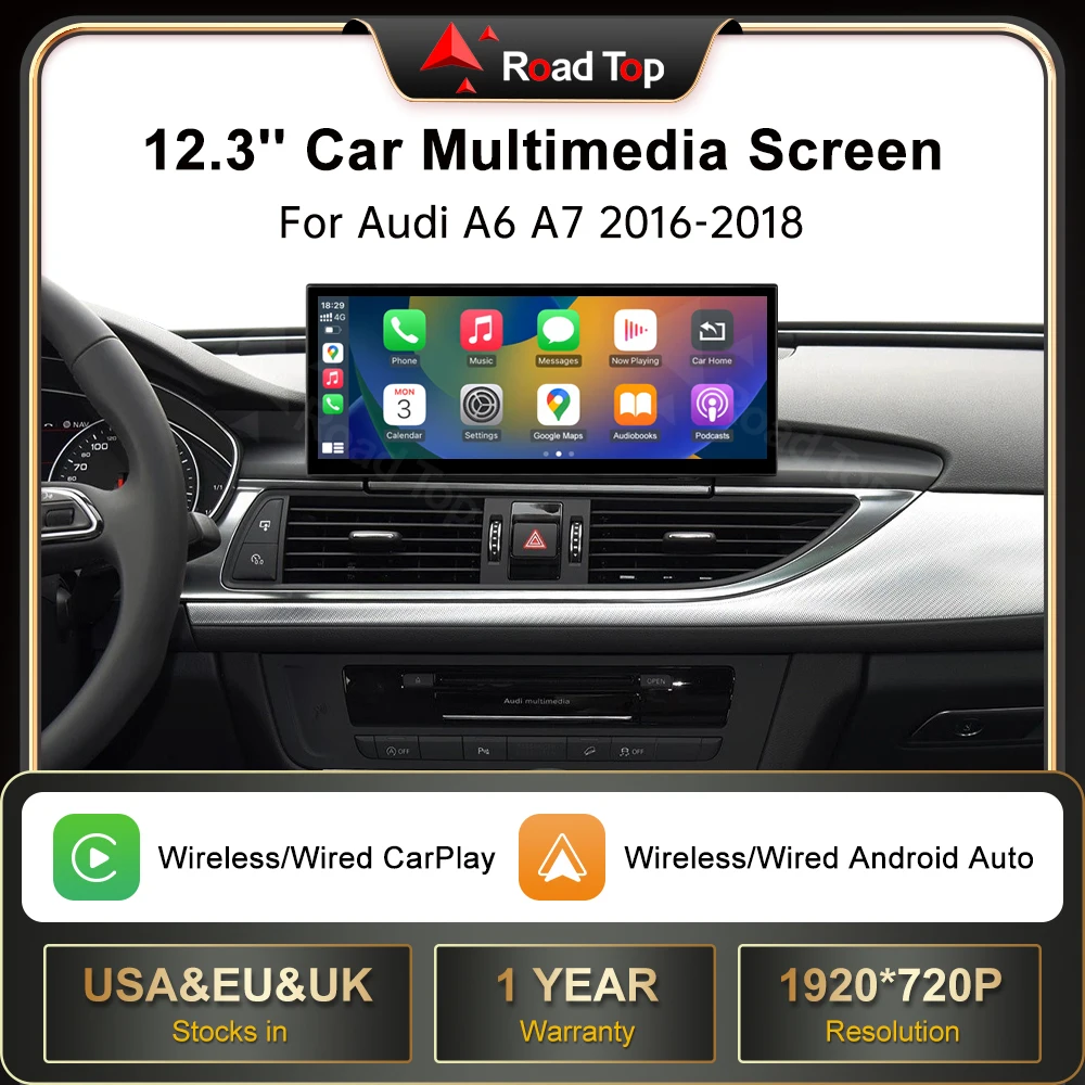 

RoadTop 12,3-дюймовый беспроводной CarPlay для Audi A6 A7 MIB2 2016-2018 мультимедийный дисплей Android Auto Airplay функция Autolink