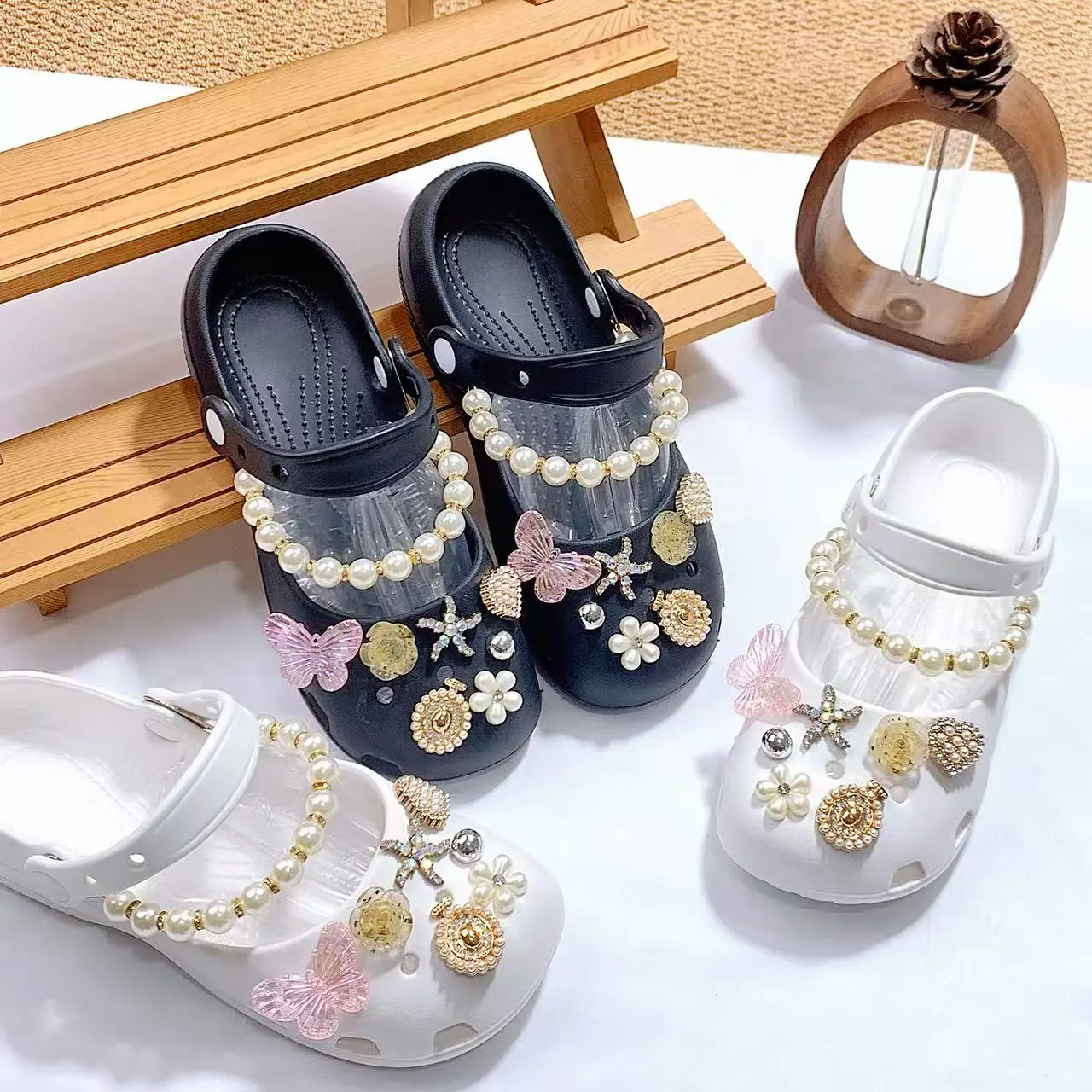 Fashion Women's Shoes Mary Jane Clogs, Women's Ballet Clogs, Pink Butterfly Starfish Flower Pearl Chain Shoe Decorations, Versatile Outdoor Wear, Closed-Toe Beach Sandals for Women
