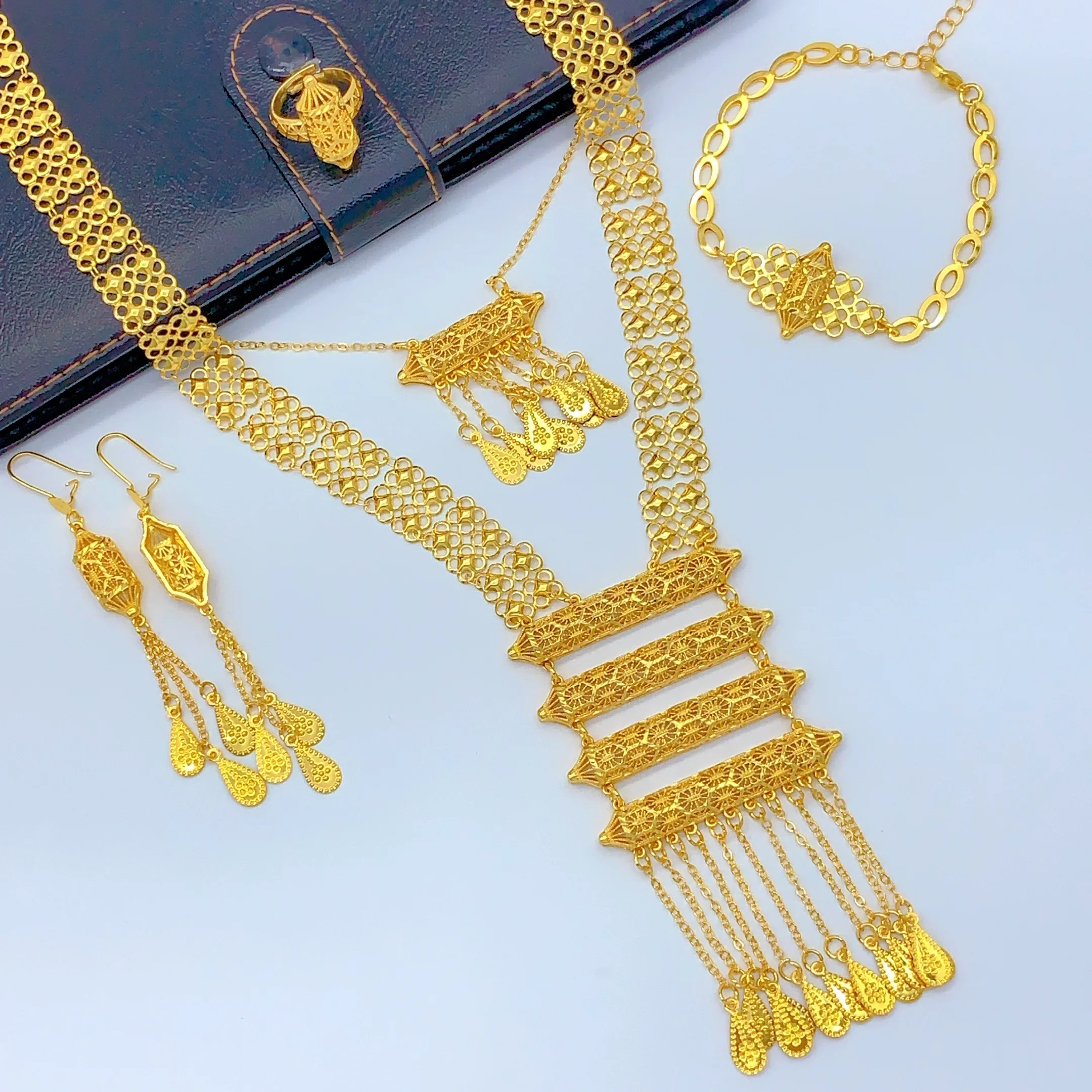 Dubai Long Tassel Necklace Earrings Jewelry Sets For Women 24K Gold Plated Wedding Bracelets Indian Rings Bridal Gift Wholesale