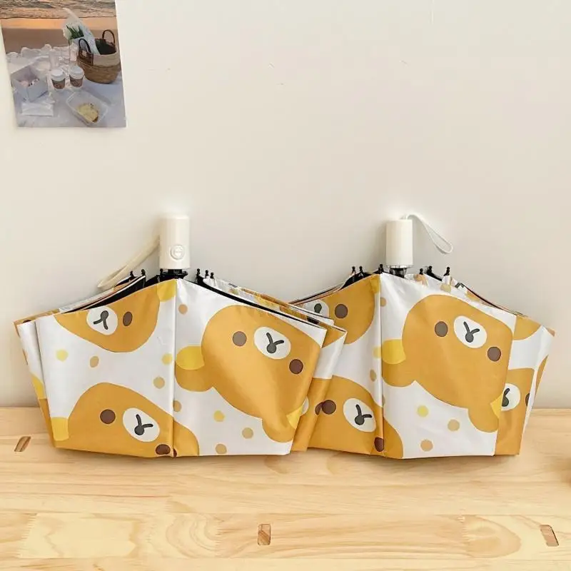 Nuovo ombrello Kawaii carino Rilakkuma ombrello da sole pieghevole completamente automatico in gomma nera regali di compleanno per cartoni animati