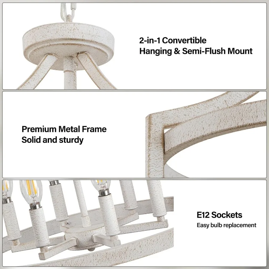 식당, 주방, 현관 및 입구용 디스트레스드 마감의 6등 팜하우스 샹들리에, 반매입형 천장 조명으로 변환 가능