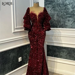 LORIE Dark Red Glitter Mermaid Evening Dresses Deep V-Neck Puff Sleeves Sparkly Prom Dress Shiny Bodycon Celebrity Party Gowns