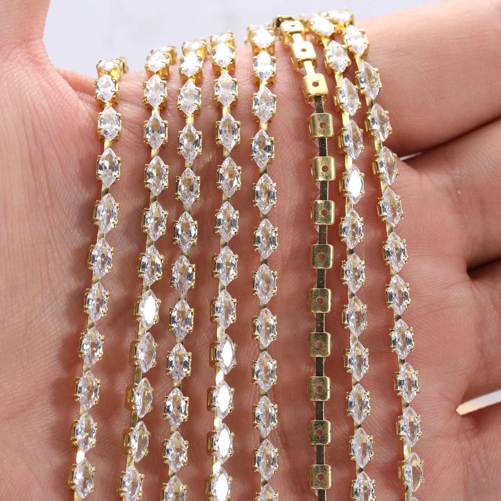 1 Yard 2x4mm Golden Base Navette Zirconia Cup Chains Glitter Zircon Rhinestone Trims For Necklace DIY Zircon Chains