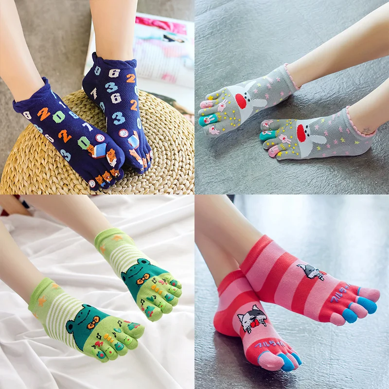 3 Pairs Five Finger Socks 5 Toed Women's Cotton Cartoon Cute Japen Socks Breathable Mesh Kawaii Socks With Separate Toes