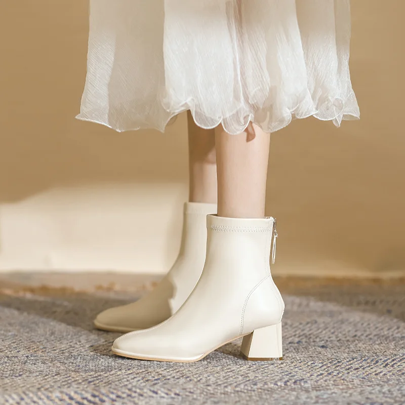 أحذية قصيرة نسائية بكعب سميك أحذية الخريف والشتاء أحذية سيدة Ins شعبية الجلود الاصطناعية منتصف Bootie مع سحاب #1