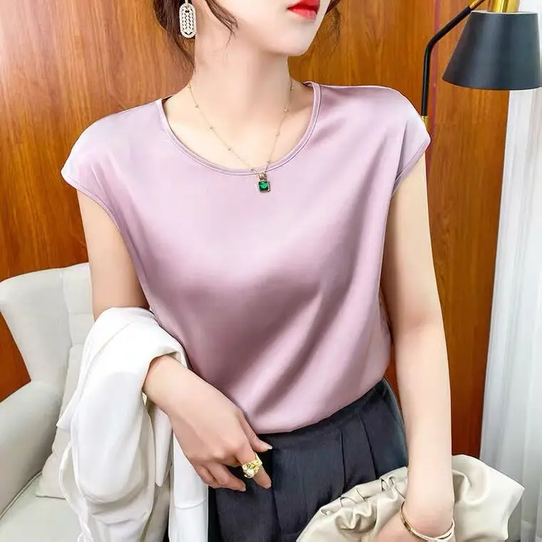 

Summer Office Lady Acetate Satin Short Sleeve Blouse Artificial Silk Korean Fashion Street wear Chiffon Top plus size Blusas