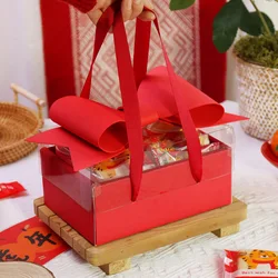 5pcs Red Transparent Box With Bowknot Birthday Wedding Party New Year Gift Handmade Cookies Candy Packaging Decoration