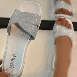 2024 Summer New Fashion Outer Wear Slippers Women Rhinestone Sequins Flat Bottom Flip Flops Beach Sandals