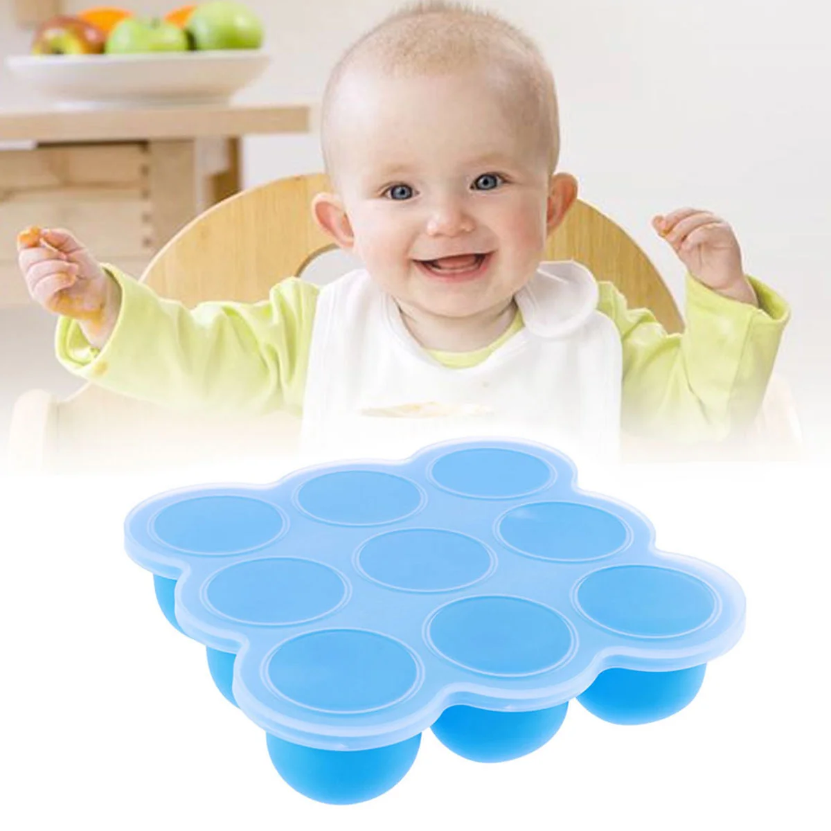 Safety Silicone Portabable Baby Food Container Infant 9 Lattice Jelly Storage Box Freezer Tray Crisper (Sky-blue)