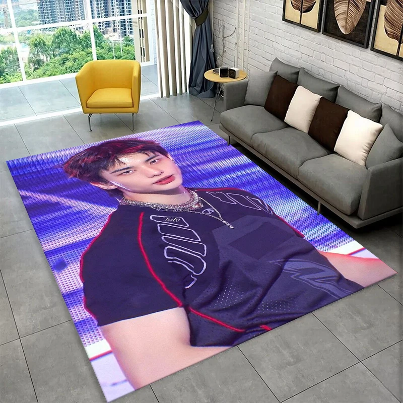 Kpop Hyunjin Stray Kids Musikstar Teppich für Spielzimmer Schlafzimmer Wohnzimmer Sofa Heimdekoration, Kinder-Teppich Rutschfester Bodenteppich